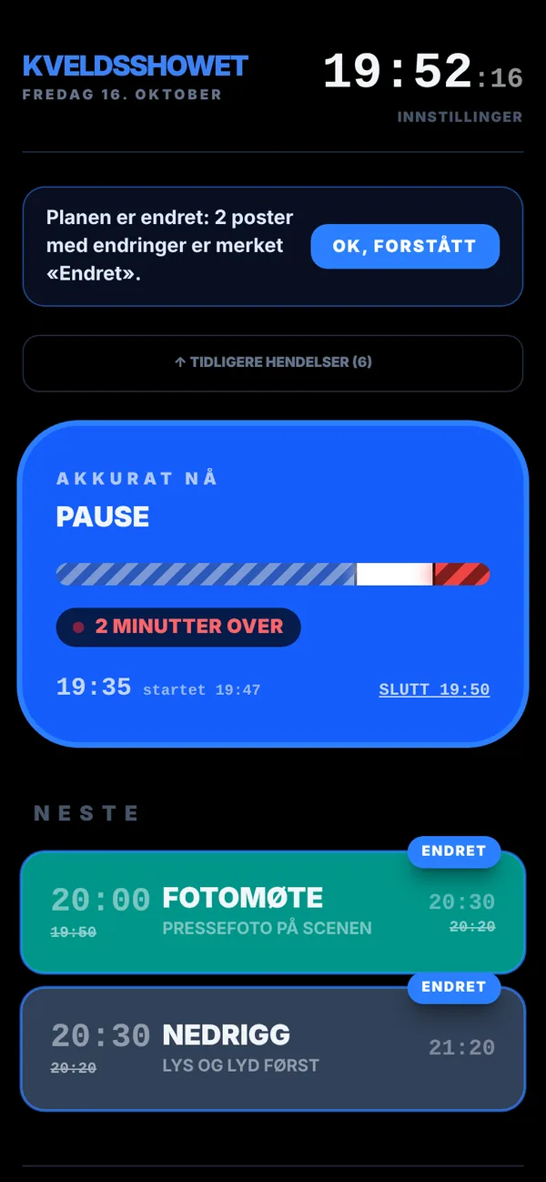 Banner om at planen er endret, og poster merket Endret