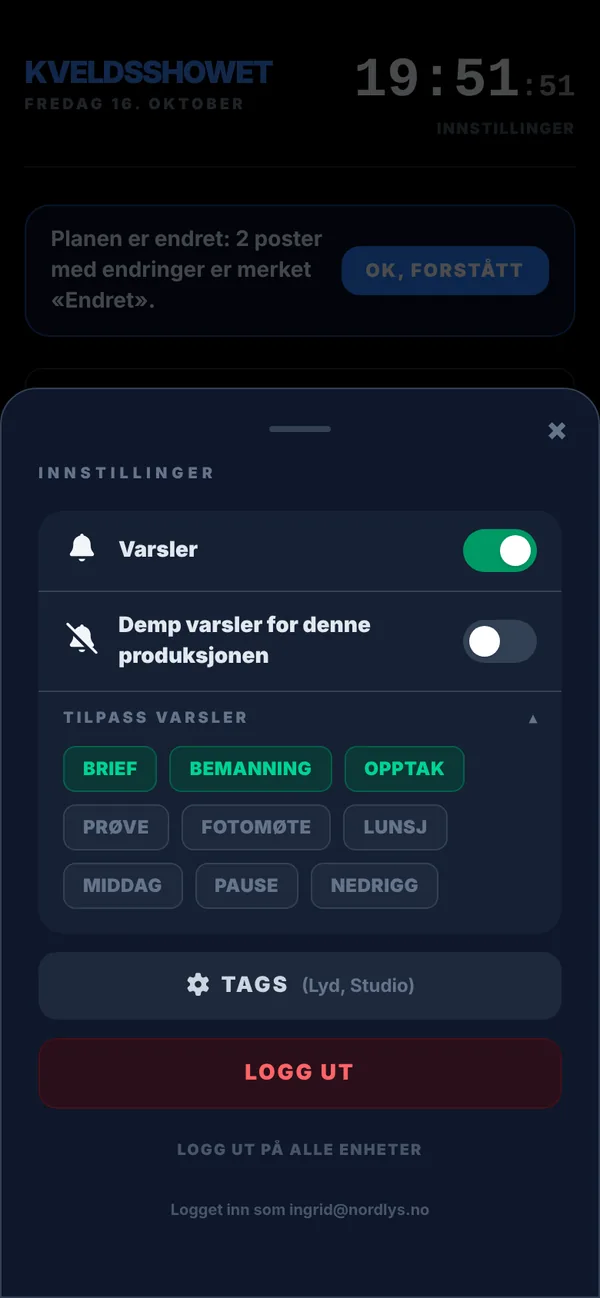 Innstillinger med varsler slått på